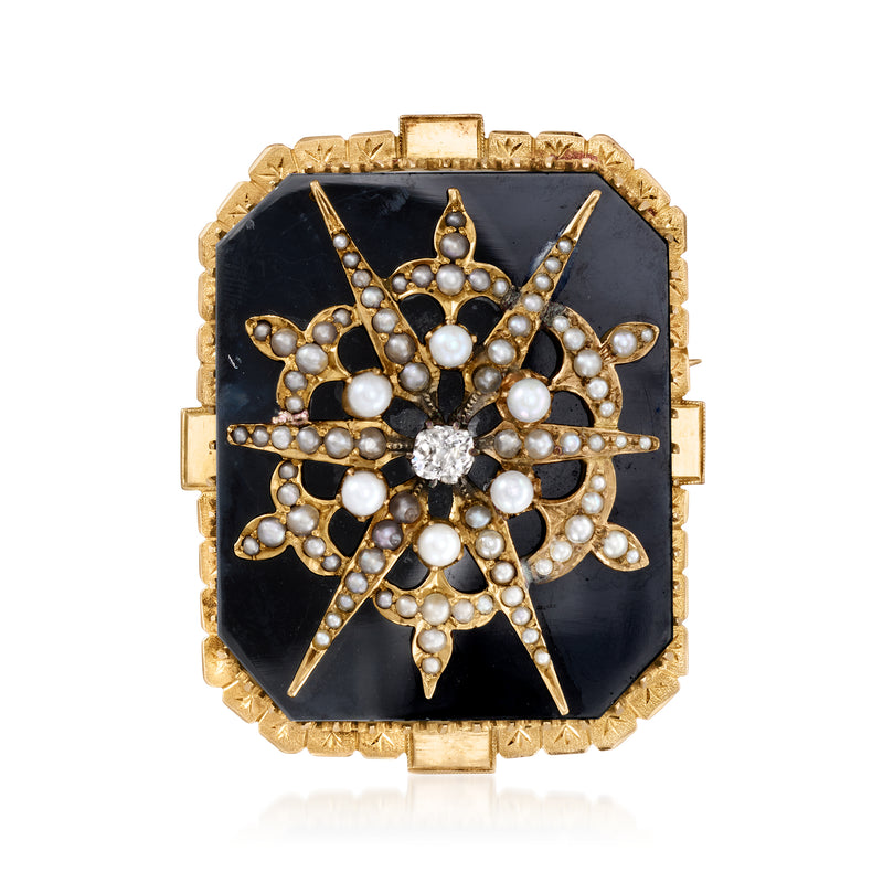 Vintage gold pin pendant with dark onyx-style enamel, pearl starburst center and sparkling accents