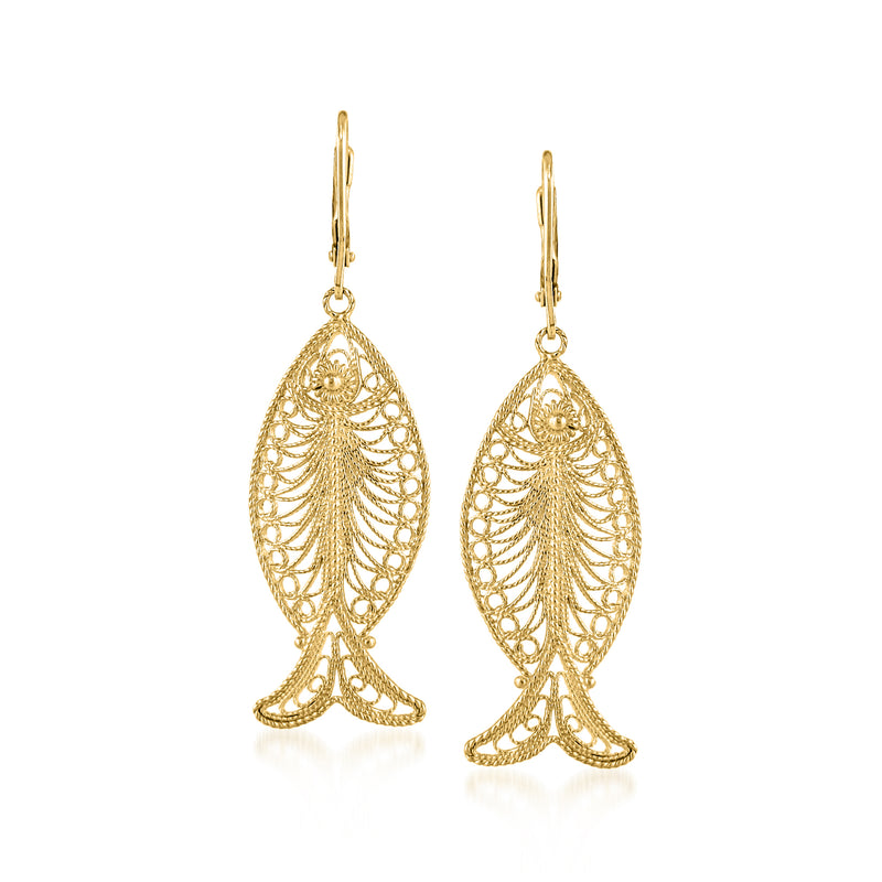 Gold-tone filigree fish drop earrings with leverback, oval scalloped detail