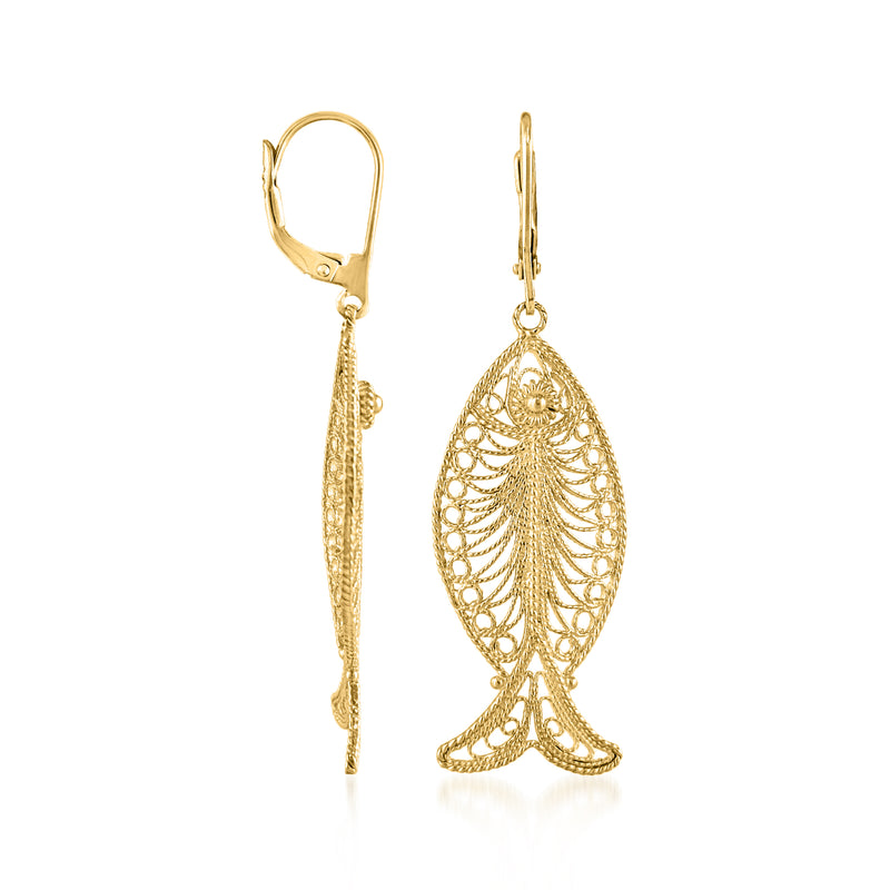 Gold-tone leverback fish drop earrings, side view with filigree scale pattern