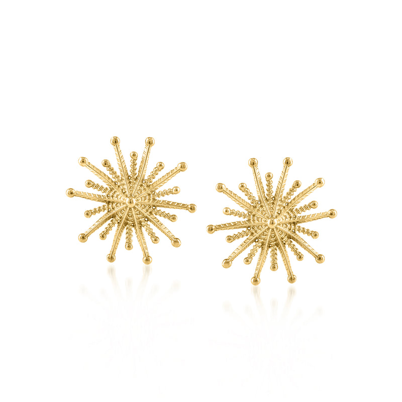 Gold starburst stud earrings with round post backs, 18kt over sterling finish