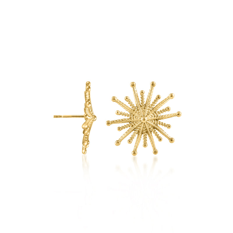 Gold over sterling starburst stud earrings, shown from side with post hardware
