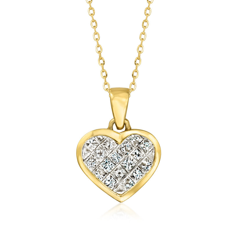 Heart pendant necklace with diamond-set heart in 18kt yellow gold