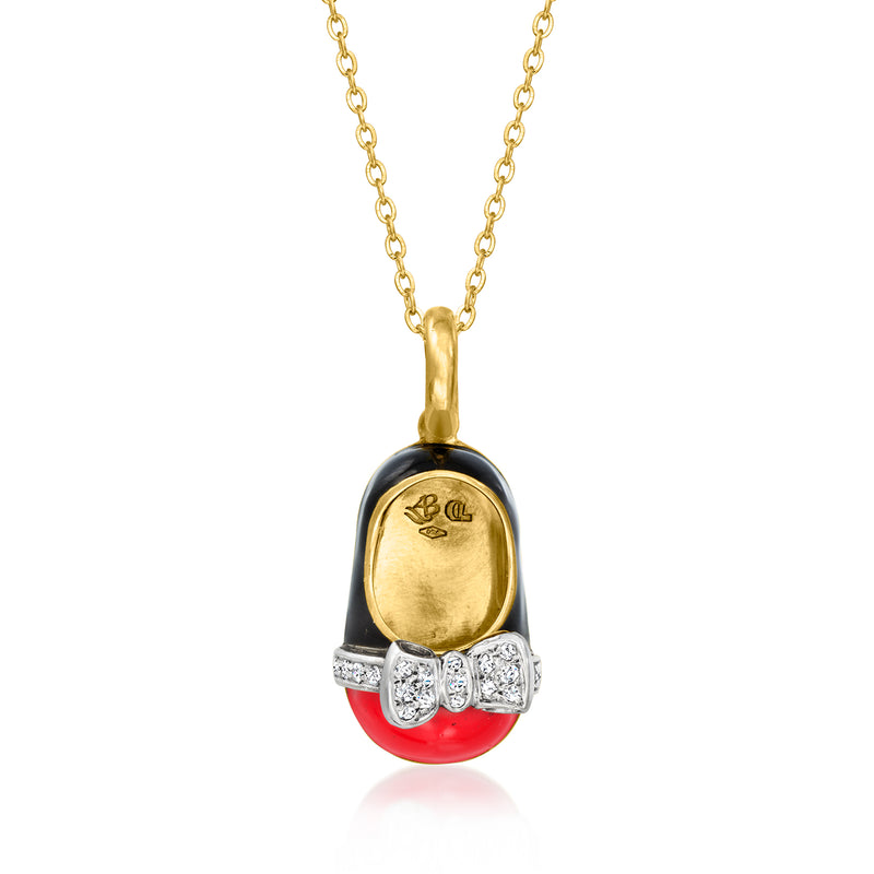 18kt yellow gold baby bootie pendant necklace with red and black enamel and diamonds