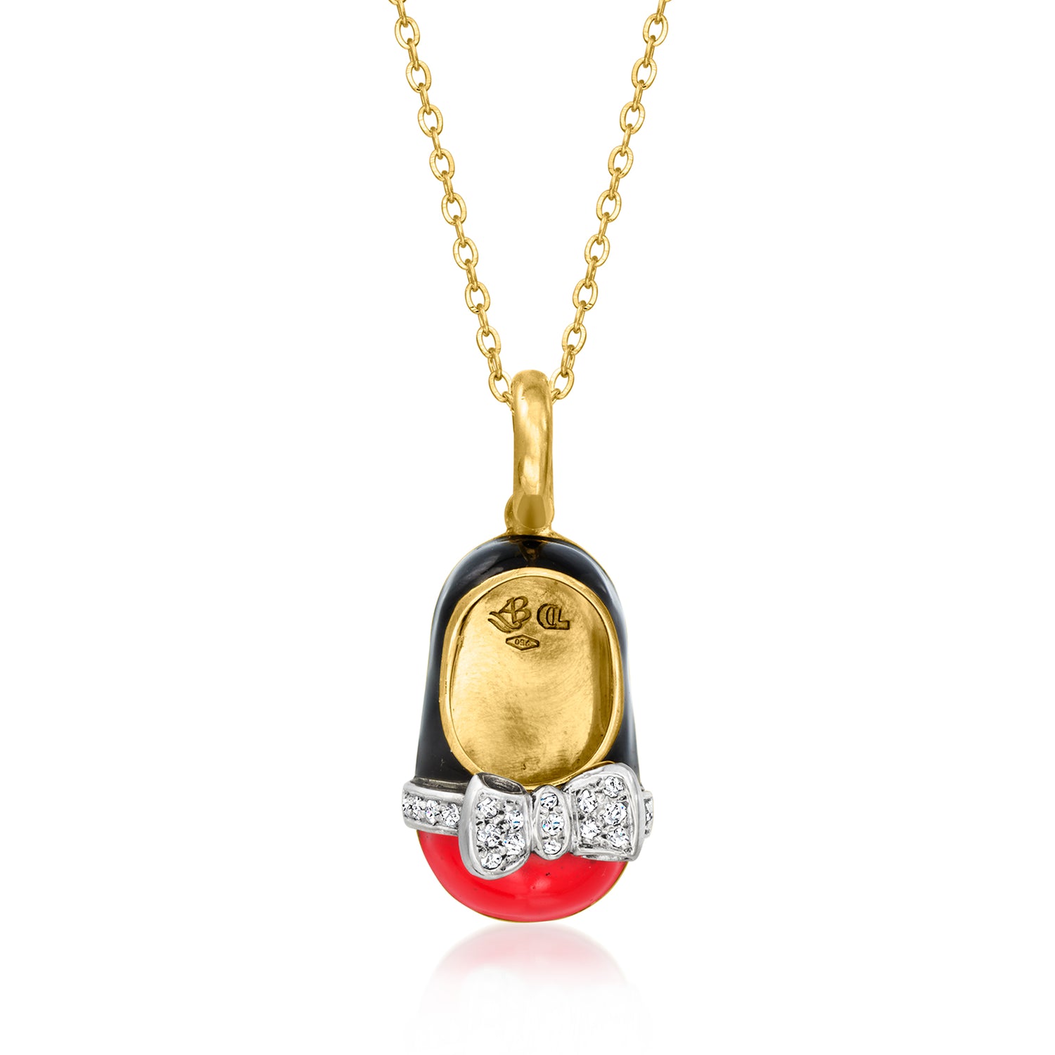 C. 1990 Vintage Aaron Basha .21 ct. t.w. Diamond Baby Bootie Pendant Necklace with Red and Black Enamel in 18kt Yellow Gold