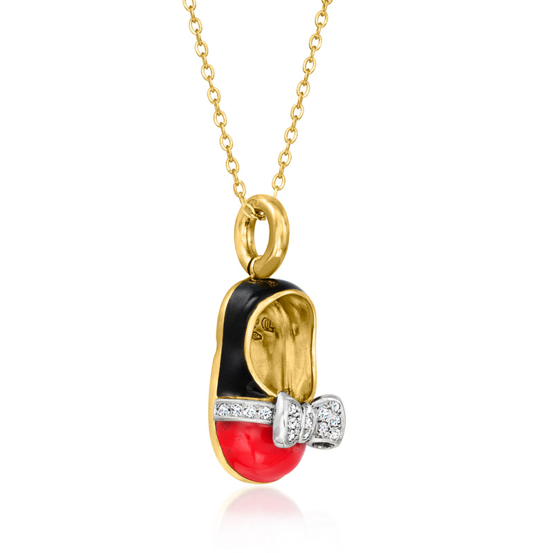 Yellow gold baby bootie pendant with black and red enamel, diamond accents, chain