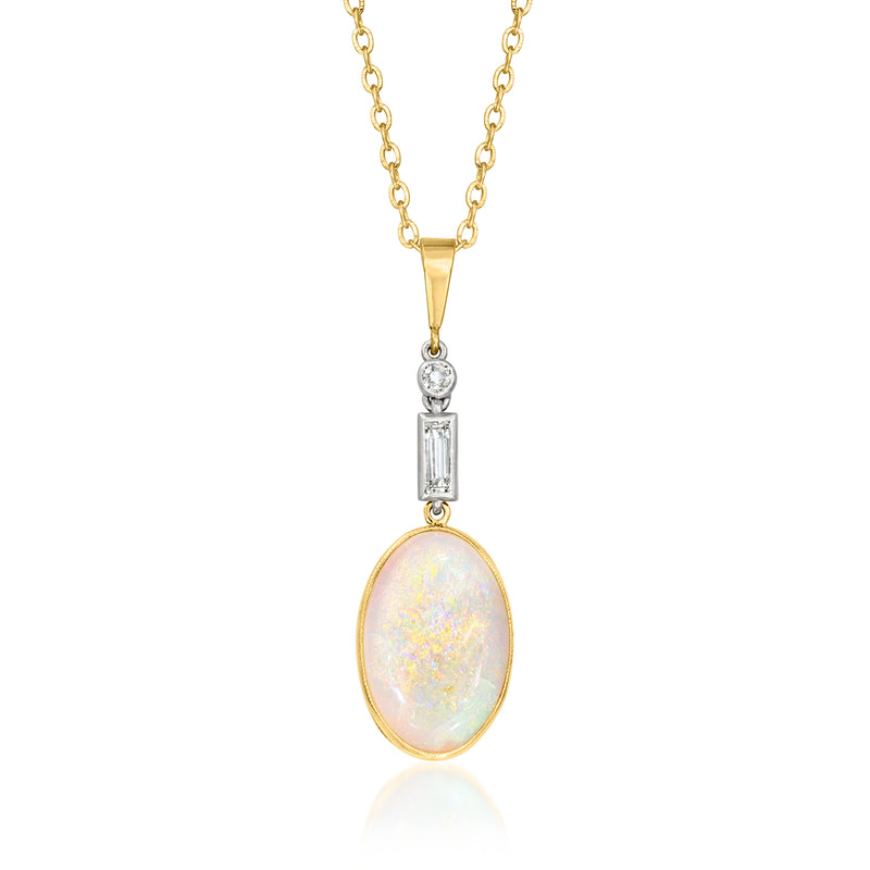 Opal pendant necklace with oval opal, diamond accents, platinum setting, gold chain.