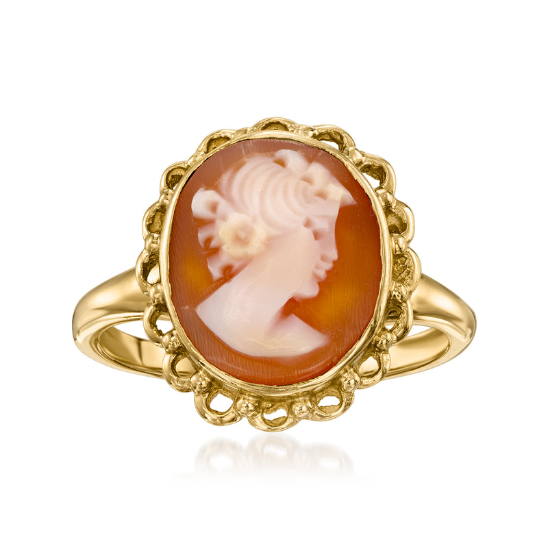 Vintage cameo ring with brown shell oval and white profile in 10kt yellow gold setting