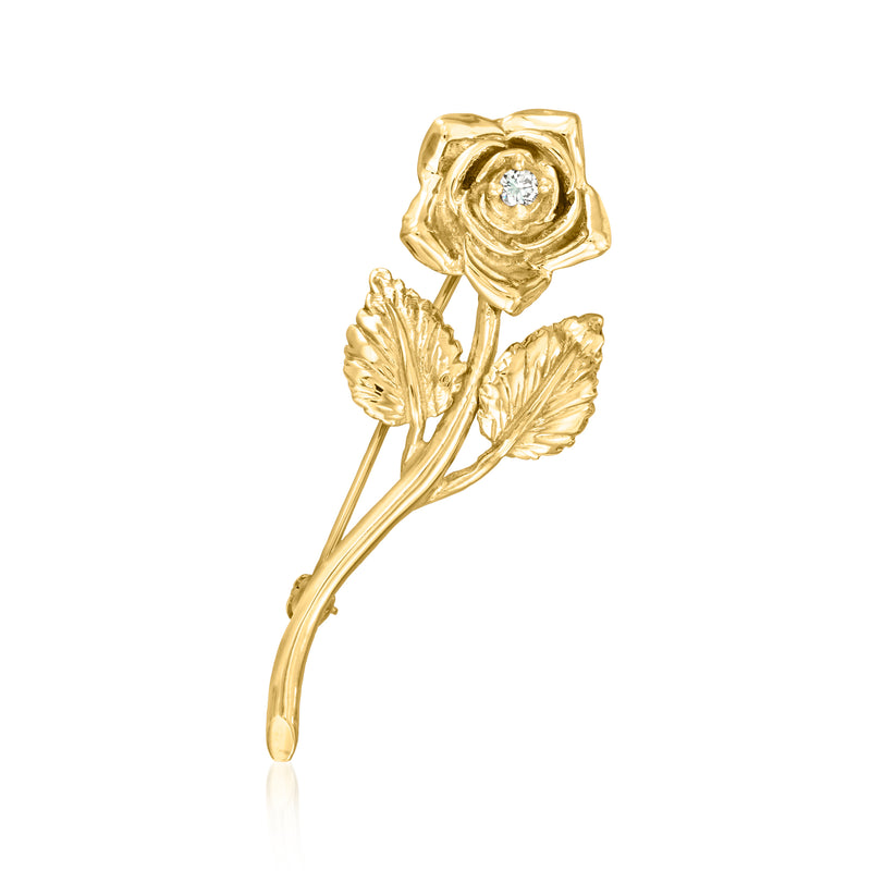 Vintage 14kt yellow gold rose pin with diamond center and raised leaf details