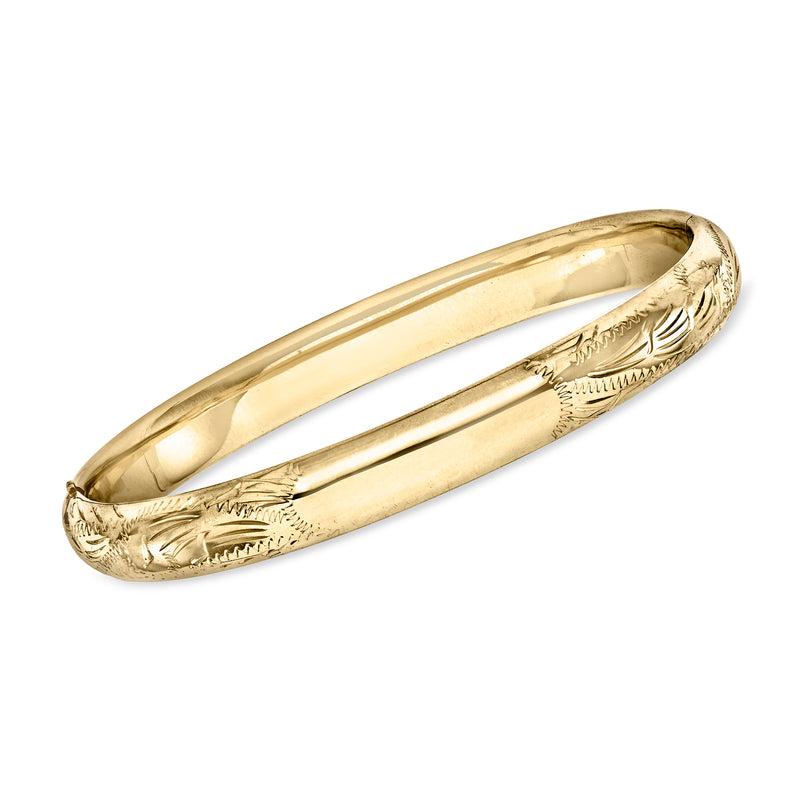 Vintage 14kt yellow gold etched bangle bracelet with engraved borders