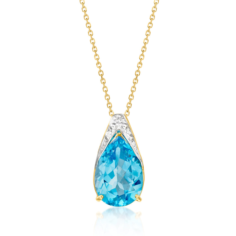 Pear-shaped blue topaz pendant necklace with two-tone gold chain