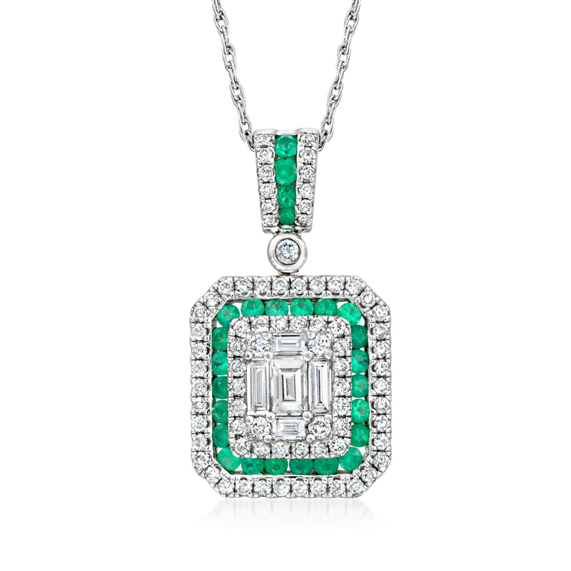 18kt white gold pendant necklace with square diamond and green emerald center