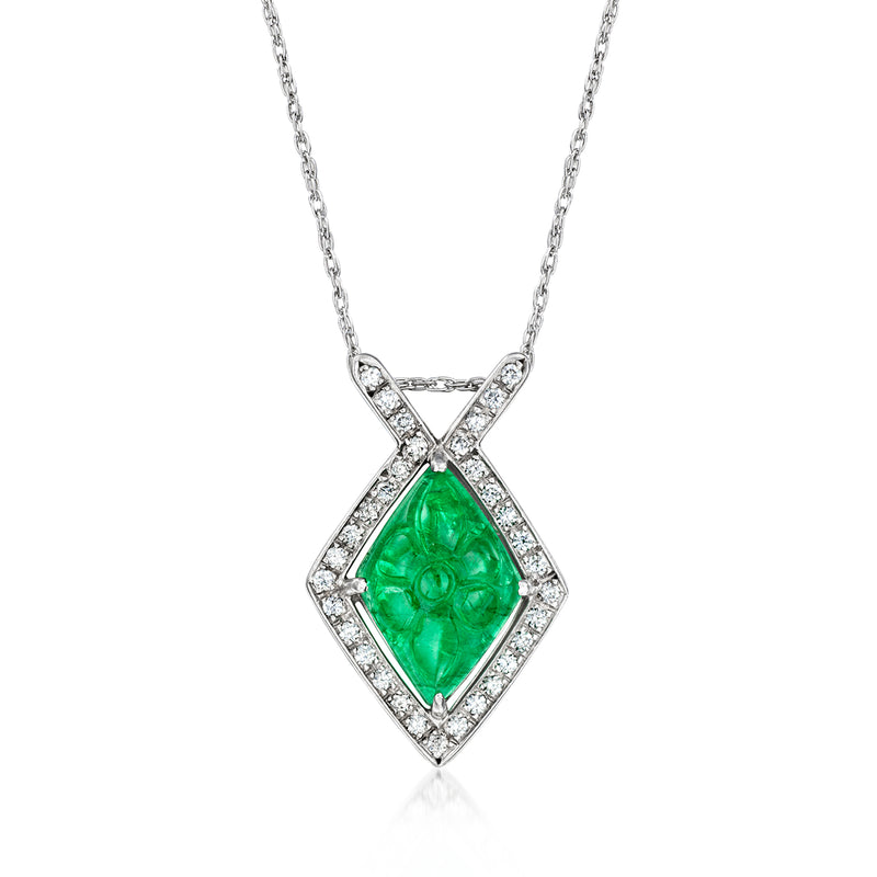 Platinum pendant necklace with square green emerald centerpiece and diamond accents