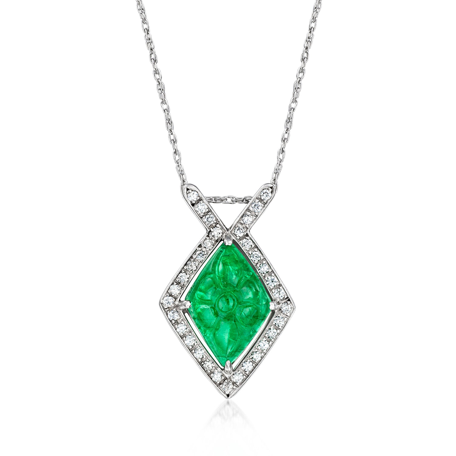 C. 1990 Vintage 4.14 Carat Carved Emerald Pendant Necklace with .29 ct. t.w. Diamonds in Platinum