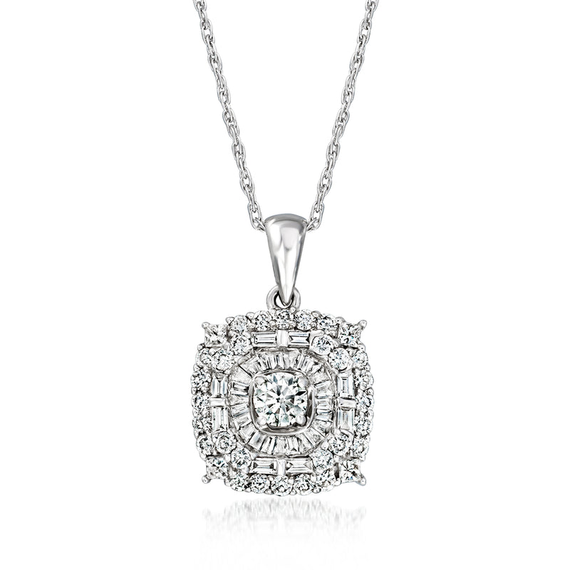 Diamond cluster pendant in 18kt white gold with round center stone and halo
