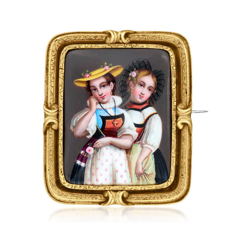 Vintage enamel portrait pin with two children in ornate 18kt yellow-gold frame
