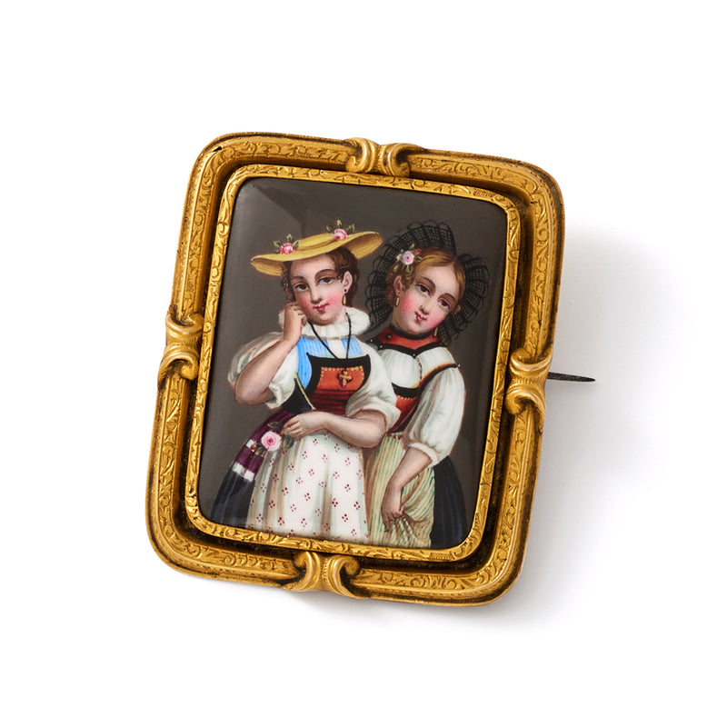 Vintage enamel portrait pin, two children portrait in 18kt yellow-gold frame