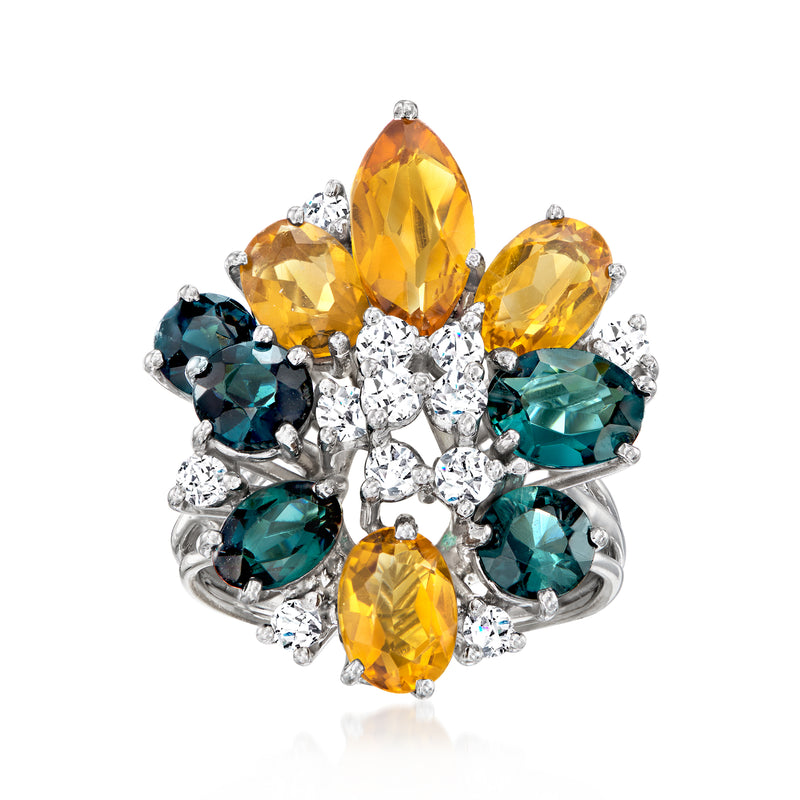 14kt white gold cocktail ring with yellow marquise stones, teal gems, and diamond accents
