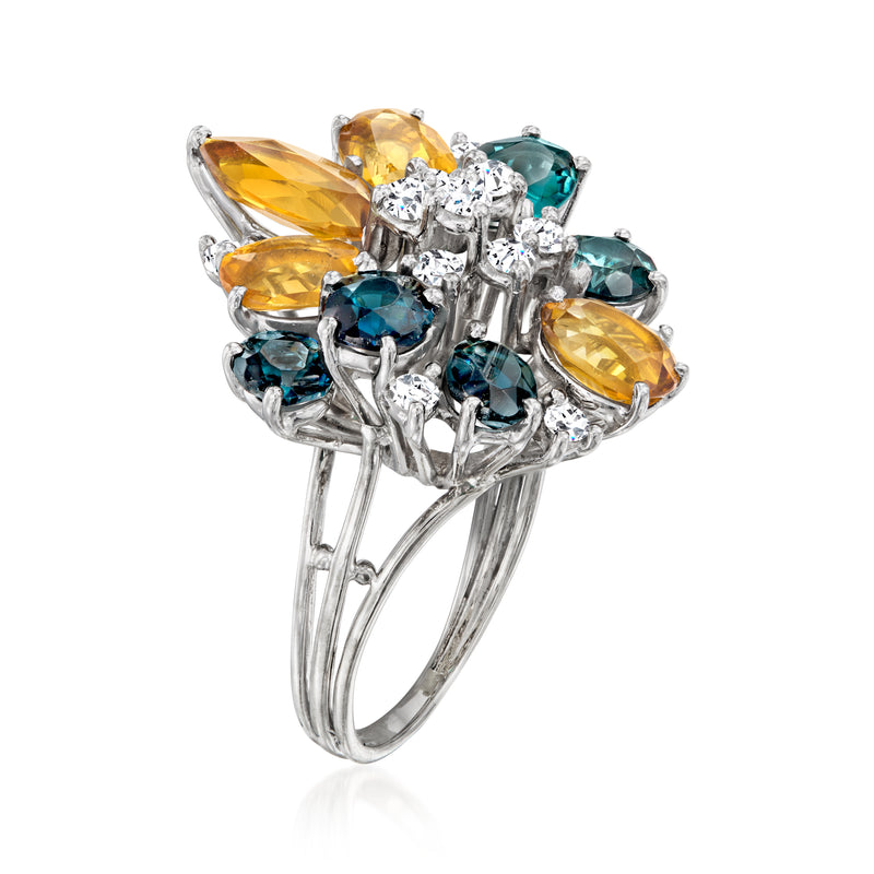 Side view cocktail ring in 14kt white gold with yellow marquise stones, teal rounds, diamonds