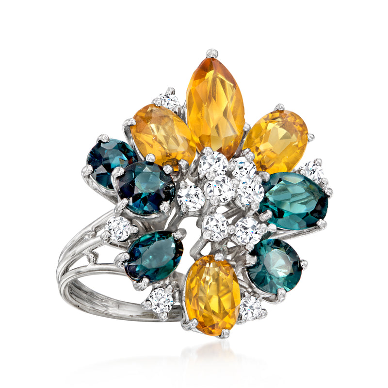 Cocktail ring with yellow marquise stones, teal ovals, and round white diamonds in 14kt gold