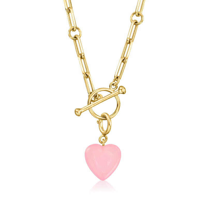 Gold necklace chain with center pink heart jade charm pendant