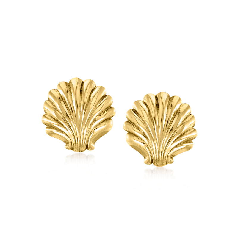 Vintage 14kt yellow gold shell stud earrings, ribbed scallop shape