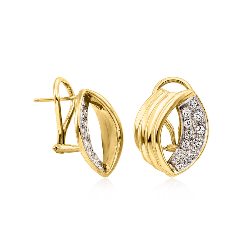 14kt yellow gold diamond hoop earrings with ridged detailing and post-back clasp