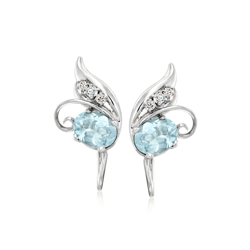 Aquamarine and diamond clip earrings in white gold, teardrop stones with swirl setting