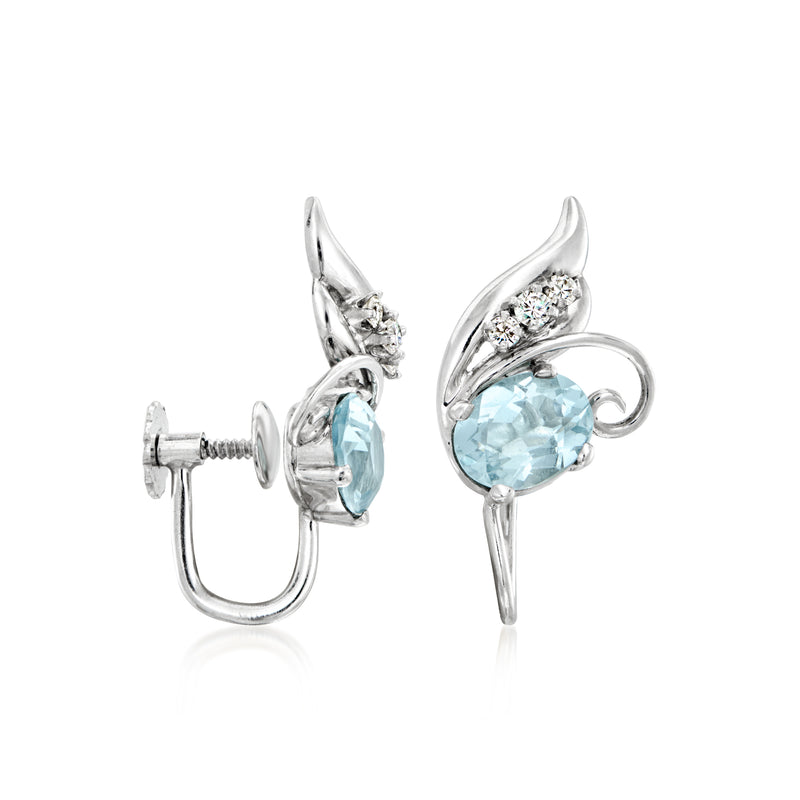 Aquamarine and diamond clip earrings, side view of white-gold swirl and clasp
