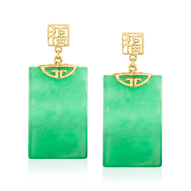 14kt yellow gold jade square drop earrings with fortune motif top
