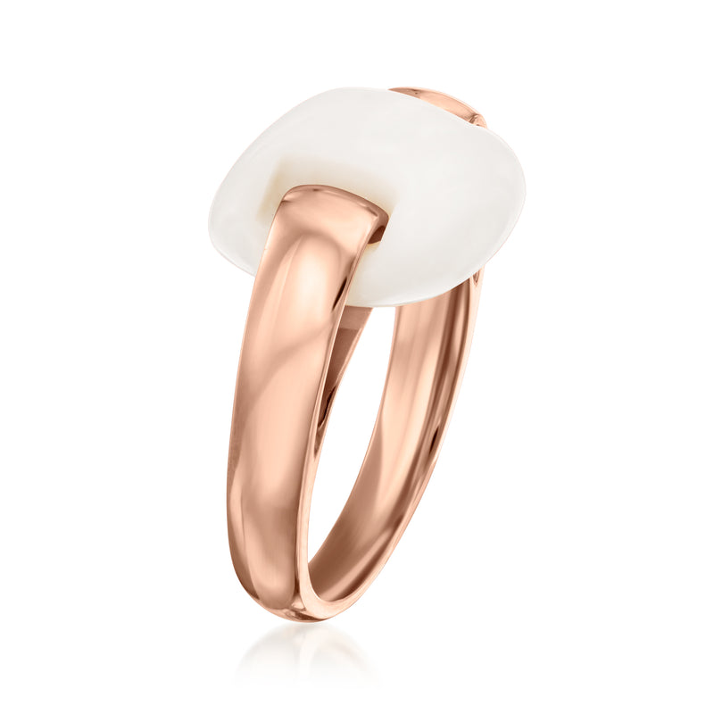Rose gold band ring with white agate cabochon, open side view