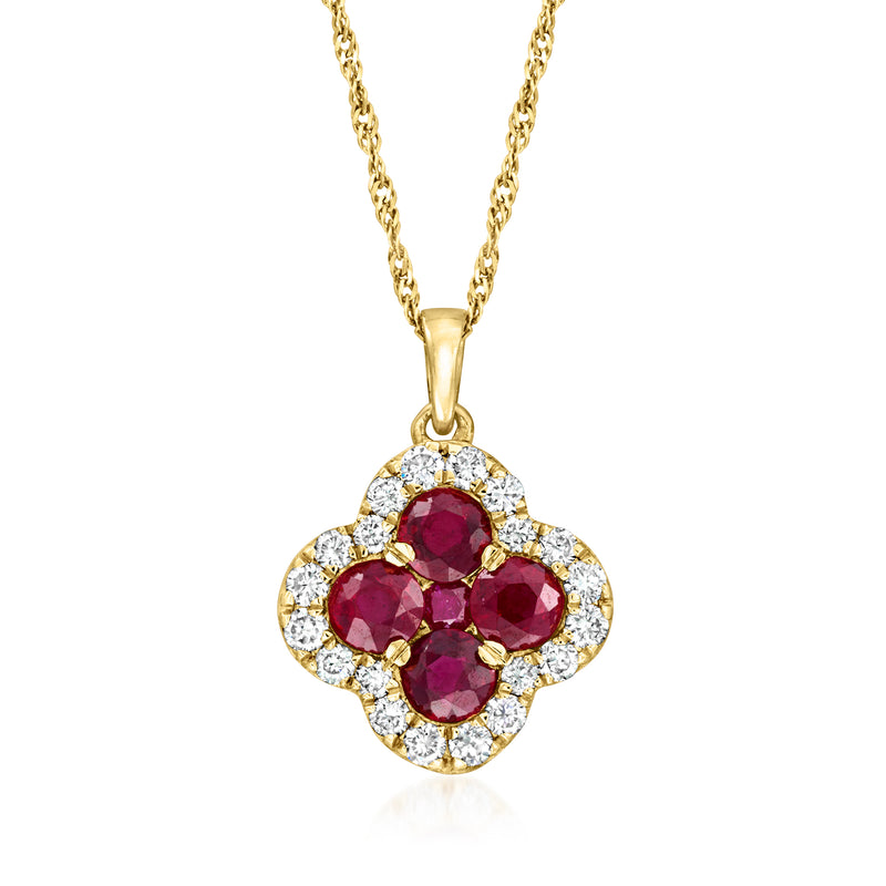 14kt yellow gold clover pendant necklace with ruby and diamond accents