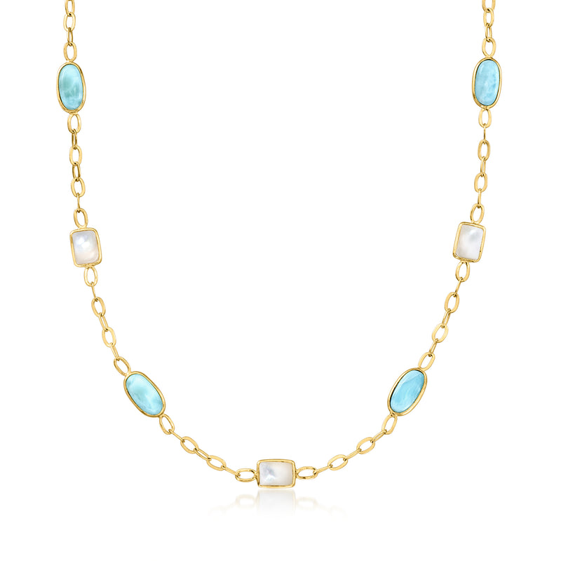 18kt gold station necklace with blue Larimar ovals and mother-of-pearl squares