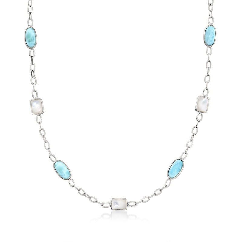 Sterling silver station necklace with oval blue Larimar and square white Mother-of-Pearl links