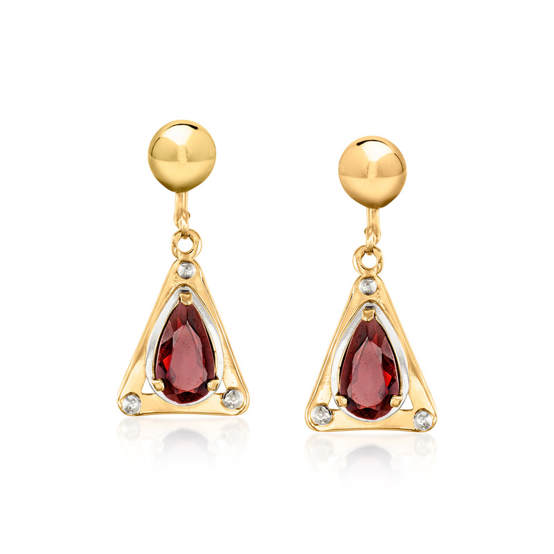 Triangular garnet drop earrings in 18kt yellow gold with diamond accents