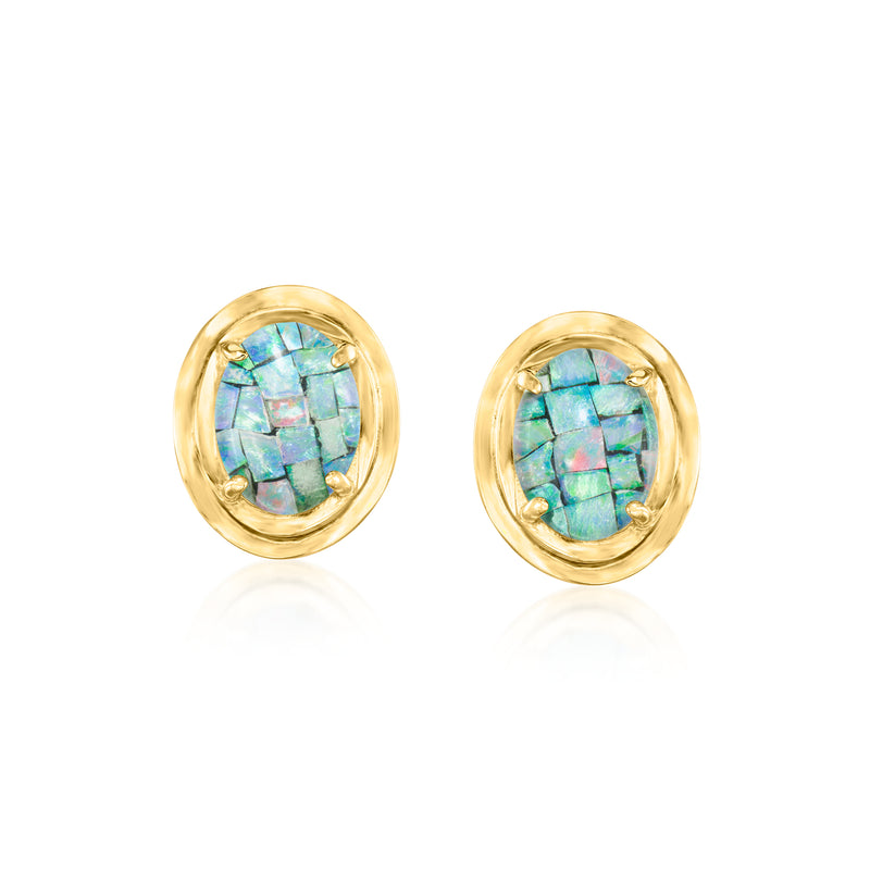 14kt yellow gold opal mosaic triplet oval stud earrings, turquoise opal in bezel