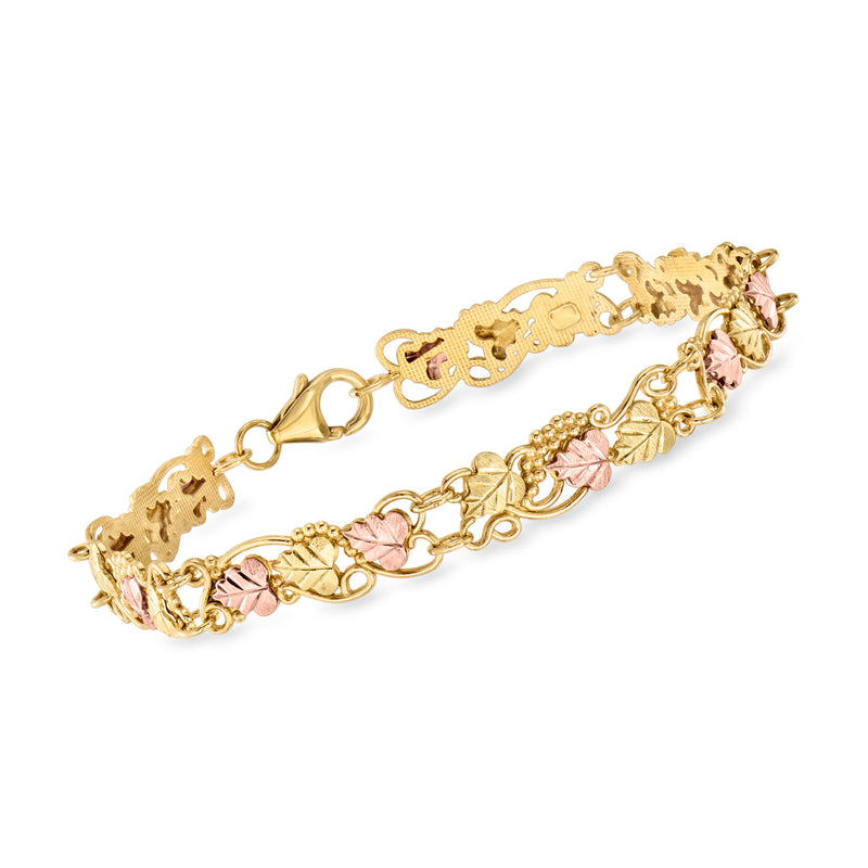 Vintage two-tone gold leaves bracelet with pink enamel links