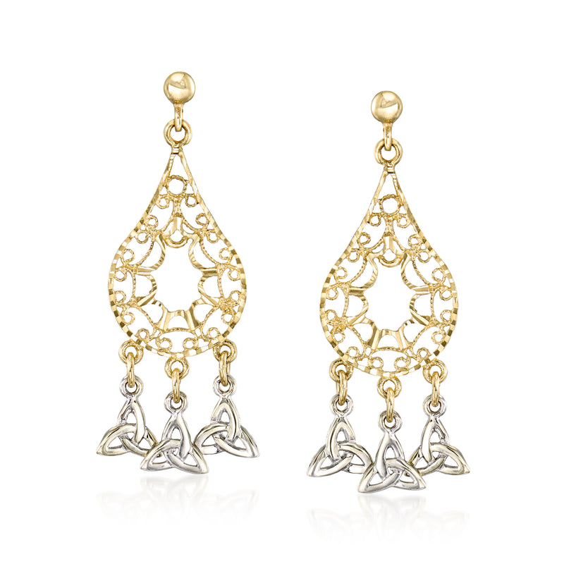 Two-tone gold Celtic knot drop earrings with filigree teardrop and three dangling charms