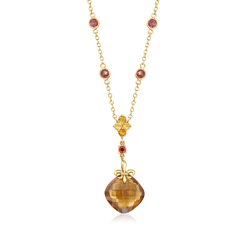 14kt yellow gold drop necklace with citrine pendant and red gem accents