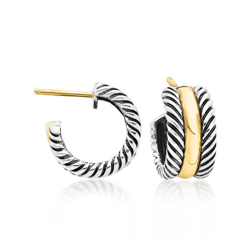 Curved sterling silver hoop earrings with 14kt yellow gold inlay, post backs