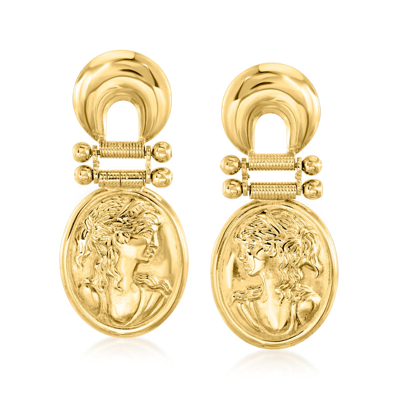 18kt yellow gold cameo-style drop earrings, oval portrait profile with bar links