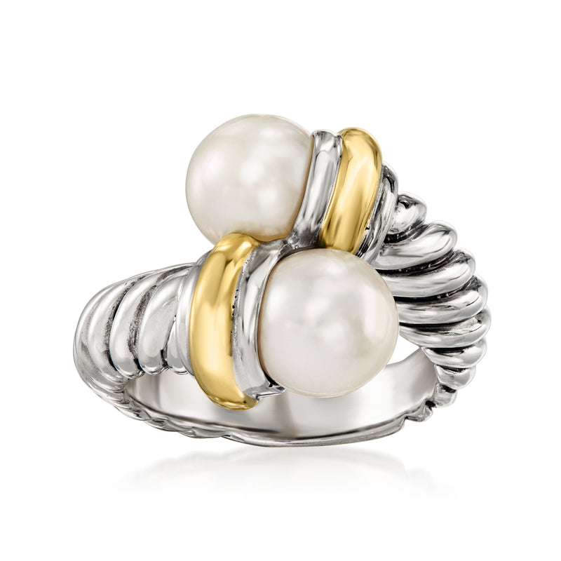Cultured pearl bypass ring with three cream pearls, sterling silver and 14kt yellow gold