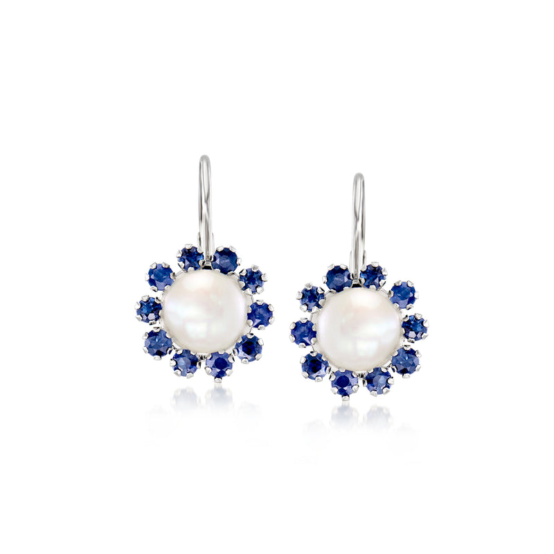 14kt white gold drop earrings with pearl center and blue sapphire crystal halo, leverback