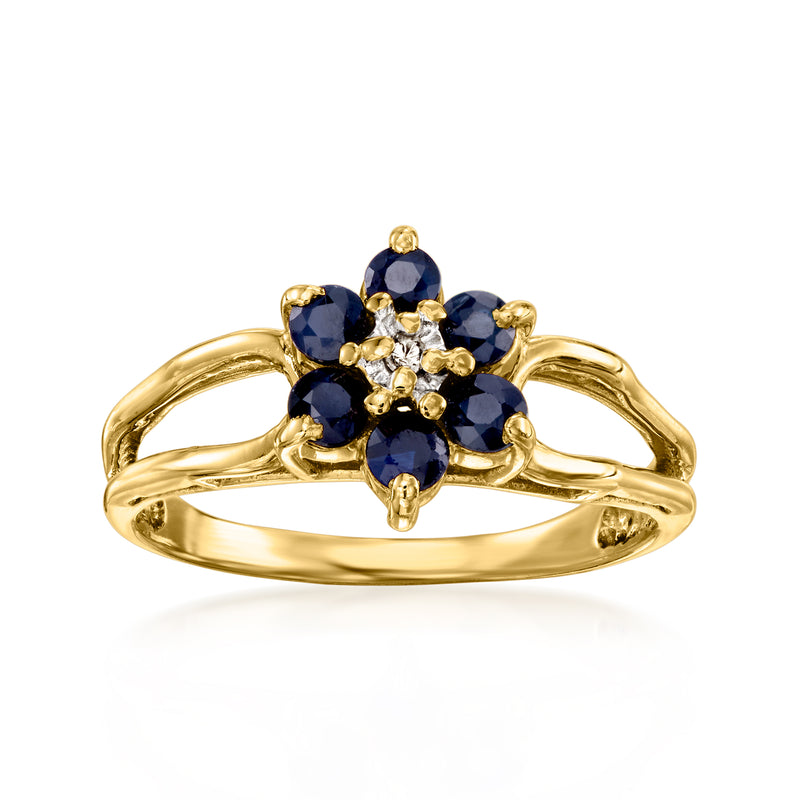Vintage 14k yellow gold flower ring with blue sapphires and small diamond accents