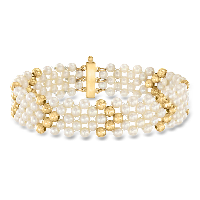 Multi-row cultured pearl bead bracelet with 14kt yellow gold bead clusters and box clasp