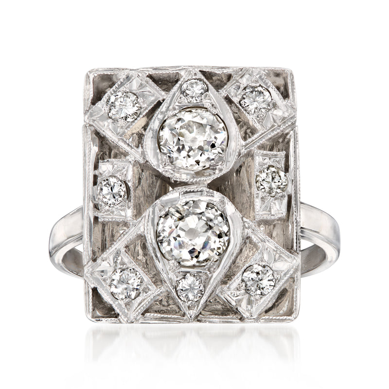 14kt white gold rectangle open-space diamond ring with prong-set round stones