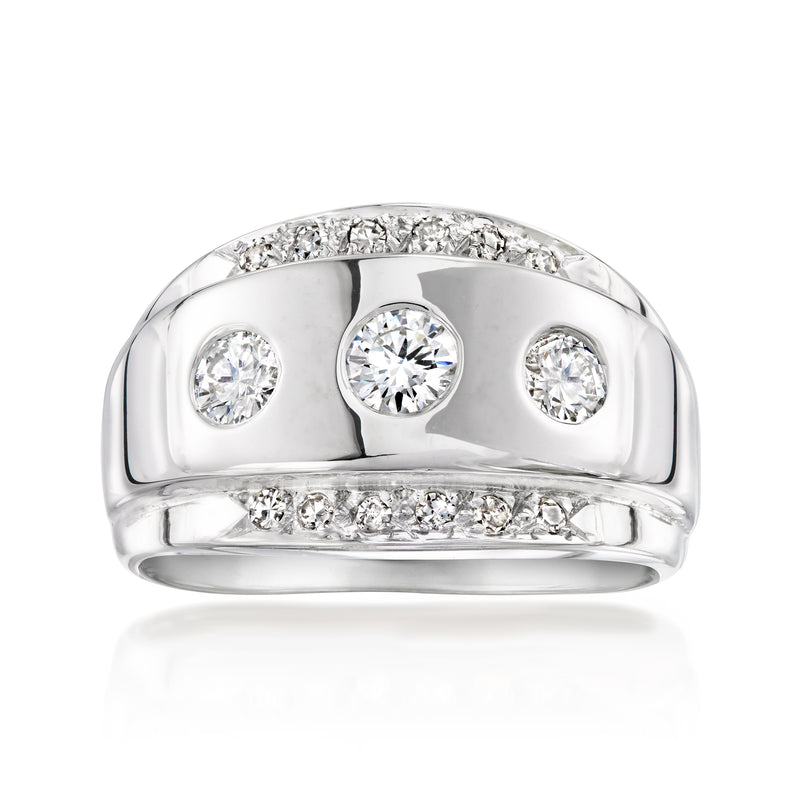 14kt white gold diamond ring with three round center stones and pavé accents