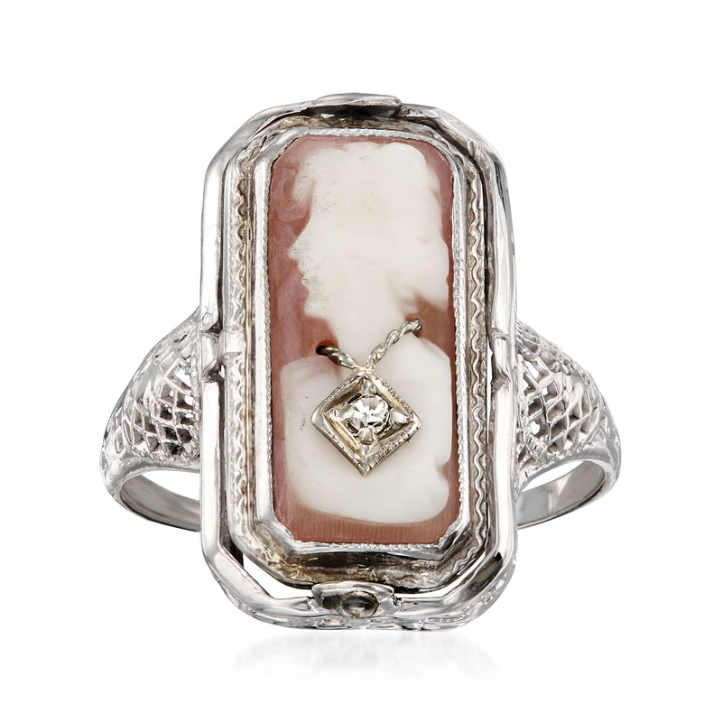 Vintage shell flip ring with brown face, white gold frame and square diamond accent