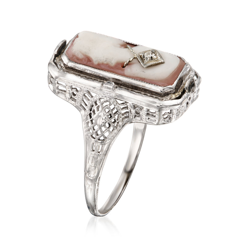 Vintage shell flip ring with brown face, openwork white gold band, diamond-set top