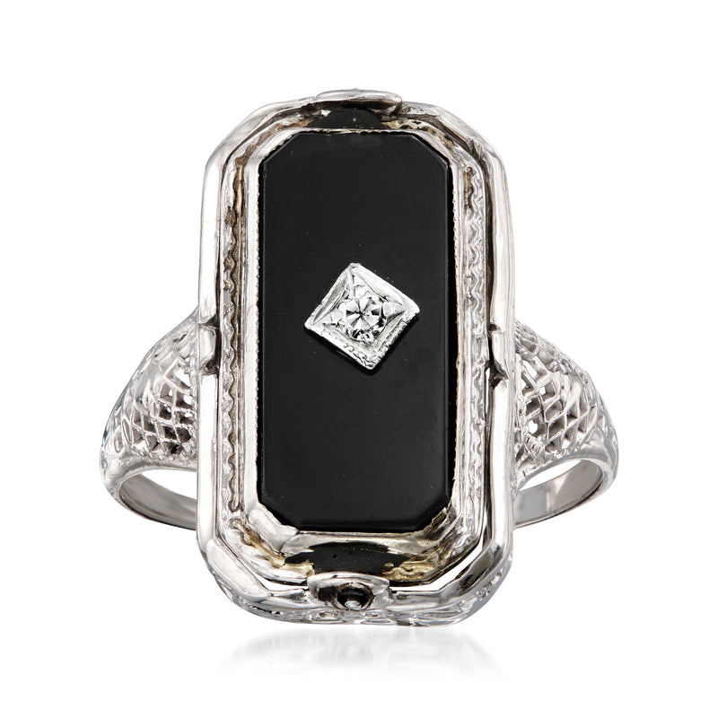 Vintage onyx flip ring with black face, white gold frame and square diamond accent