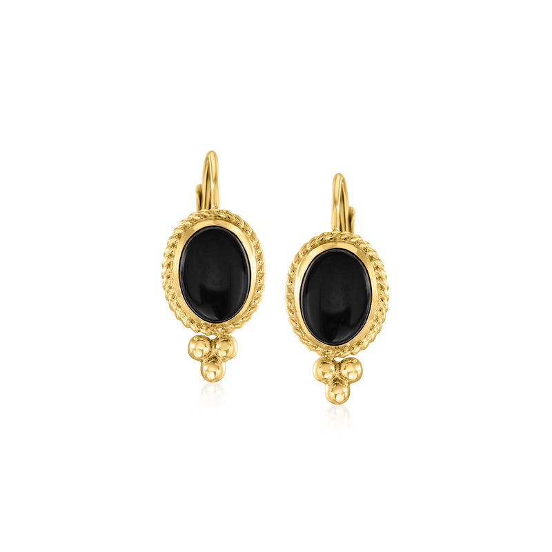 Vintage 14kt yellow gold onyx oval drop leverback earrings, textured bezel, dark stone